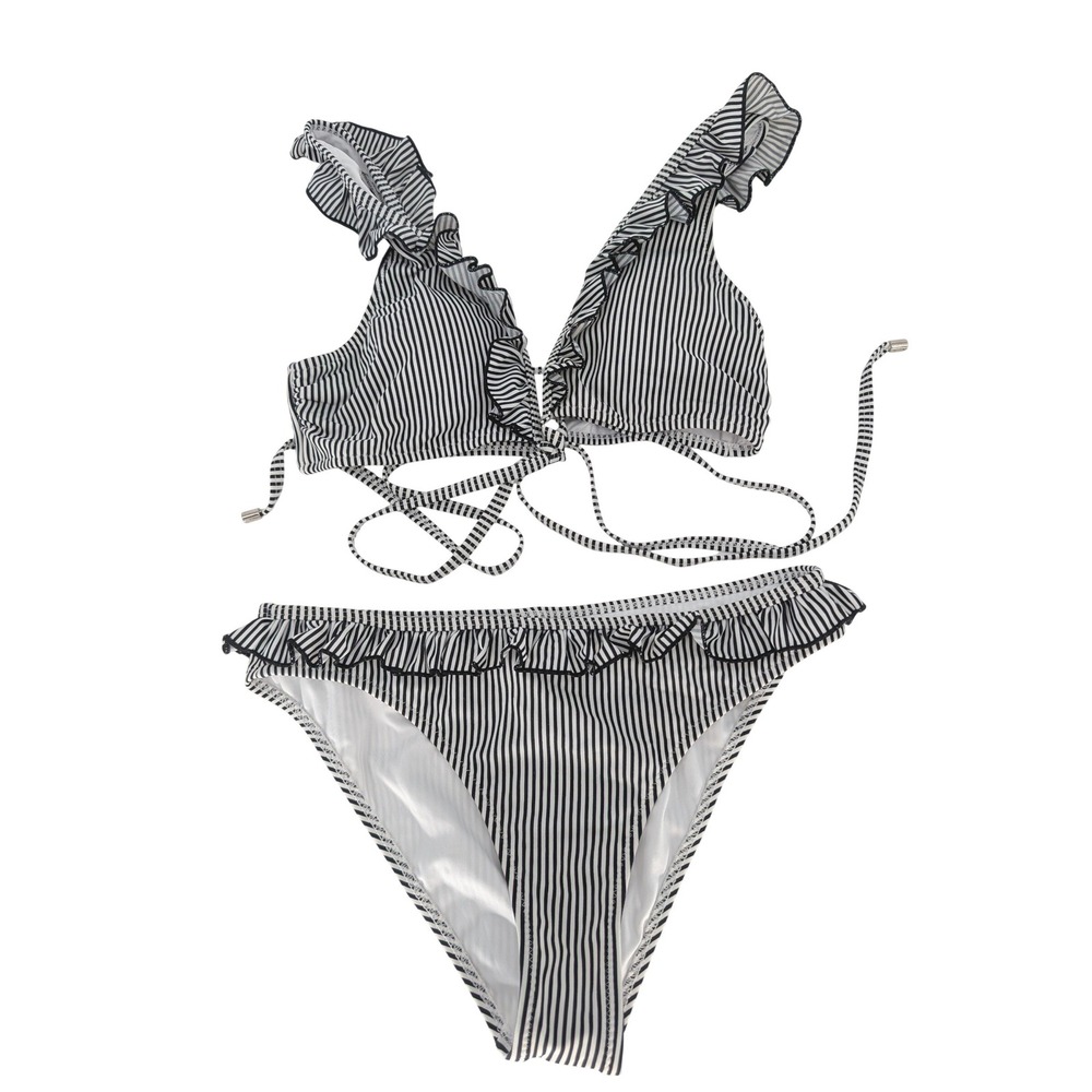 Cupshe Striped Ruffle Bikini Set Womens M Black White Parisian Chic Coquette